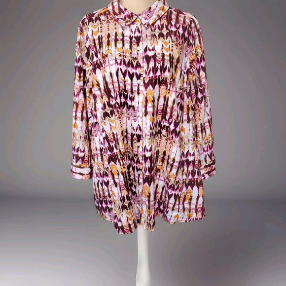 Intro Linen Blend Abstract Top Women's Sz 2X‎ Art 3/4 Roll-tab Sleeves Geometric - Picture 2 of 15